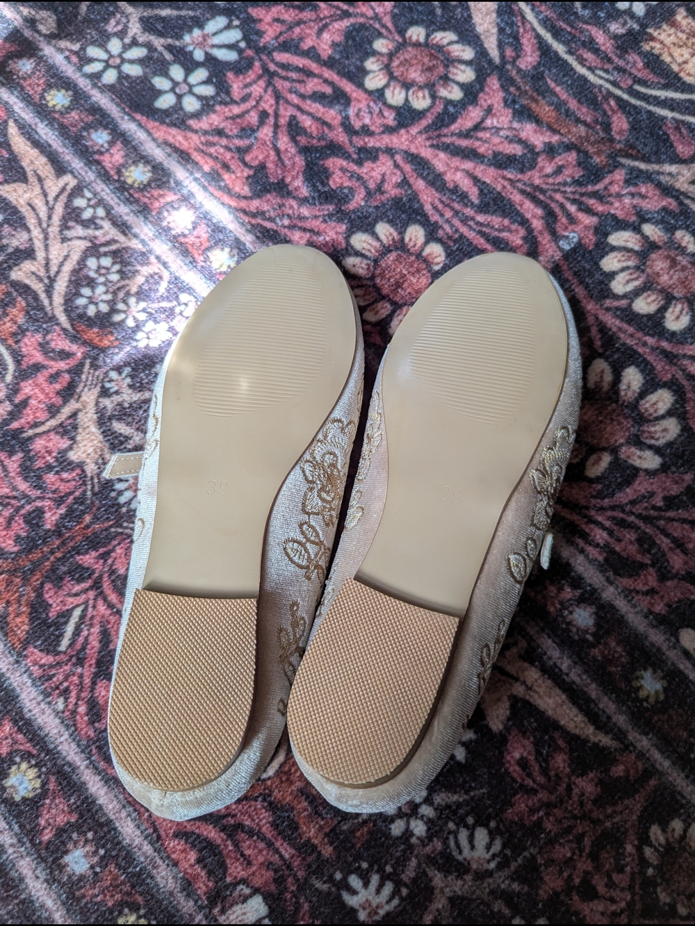 Embroidered Mary Jane Flats in Metallic Champagne - Picture 2 of 3